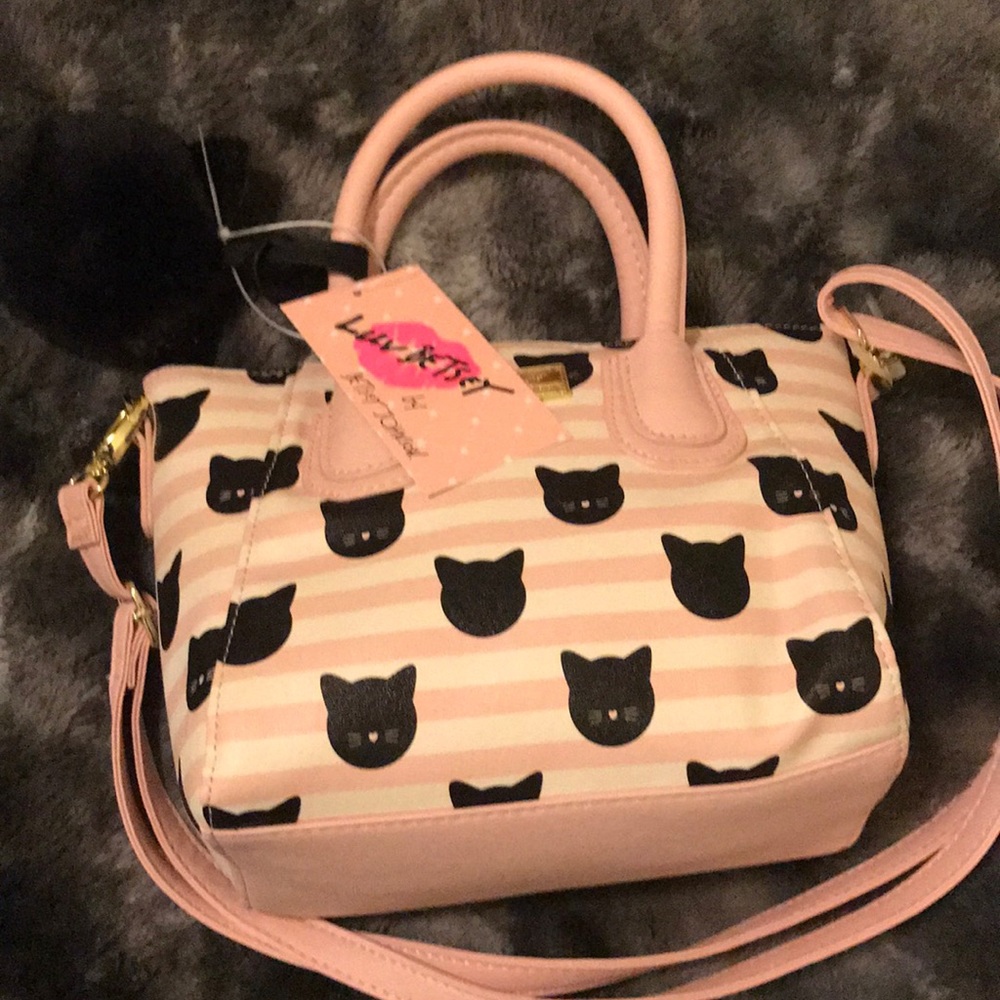 Betsey Johnson pink/White black Cat bag NWT